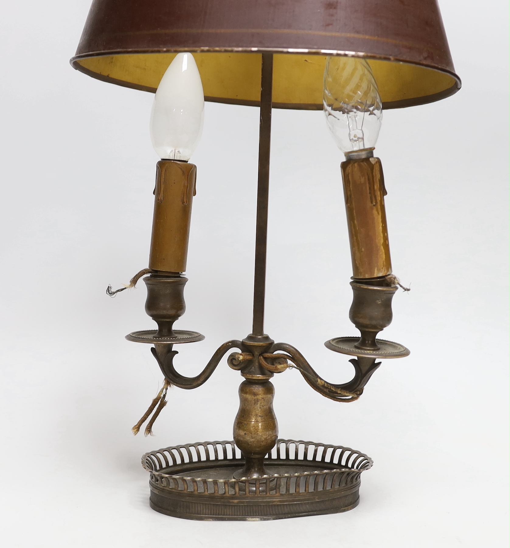 A Victorian toleware two branch student lamp, 51cm high